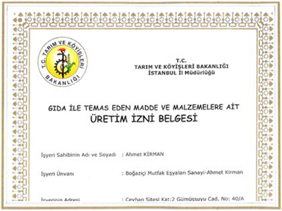 Boğaziçi Mutfak Eşyaları Sanayi Certificates