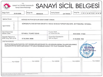 Boğaziçi Mutfak Eşyaları Sanayi Certificates
